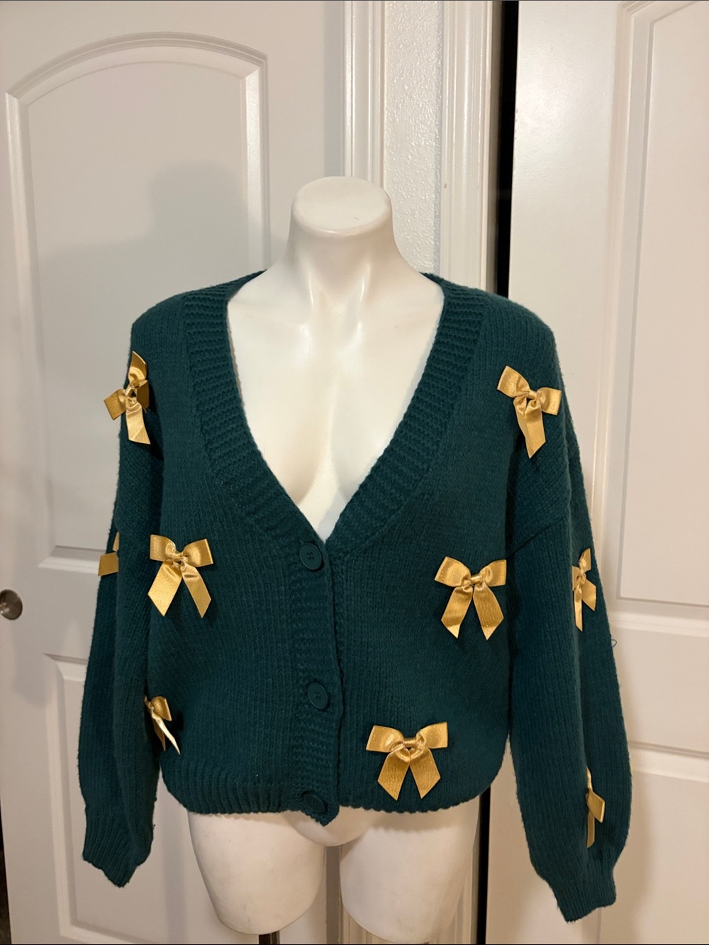 Anthropologie Luna Ivy  Teal Cardigan Sweater with Gold Bow Embellishments